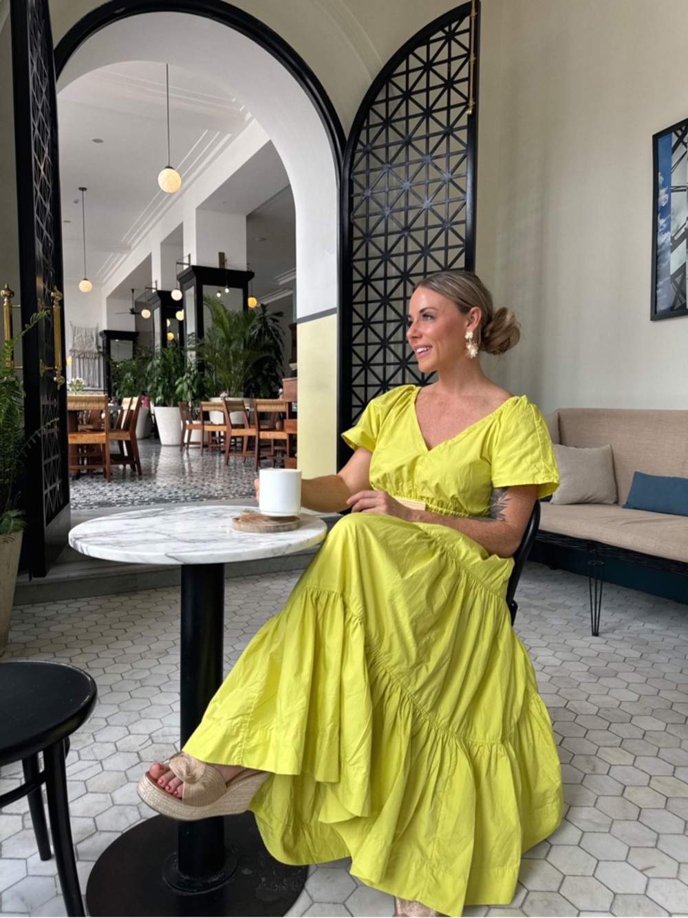 Tiered Lime Green Maxi Dress with V-Neck - Women